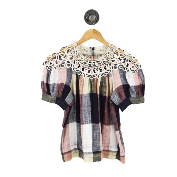 Anthropologie Embroidered Plaid Print Blouse #213-28 - Picture 1 of 3